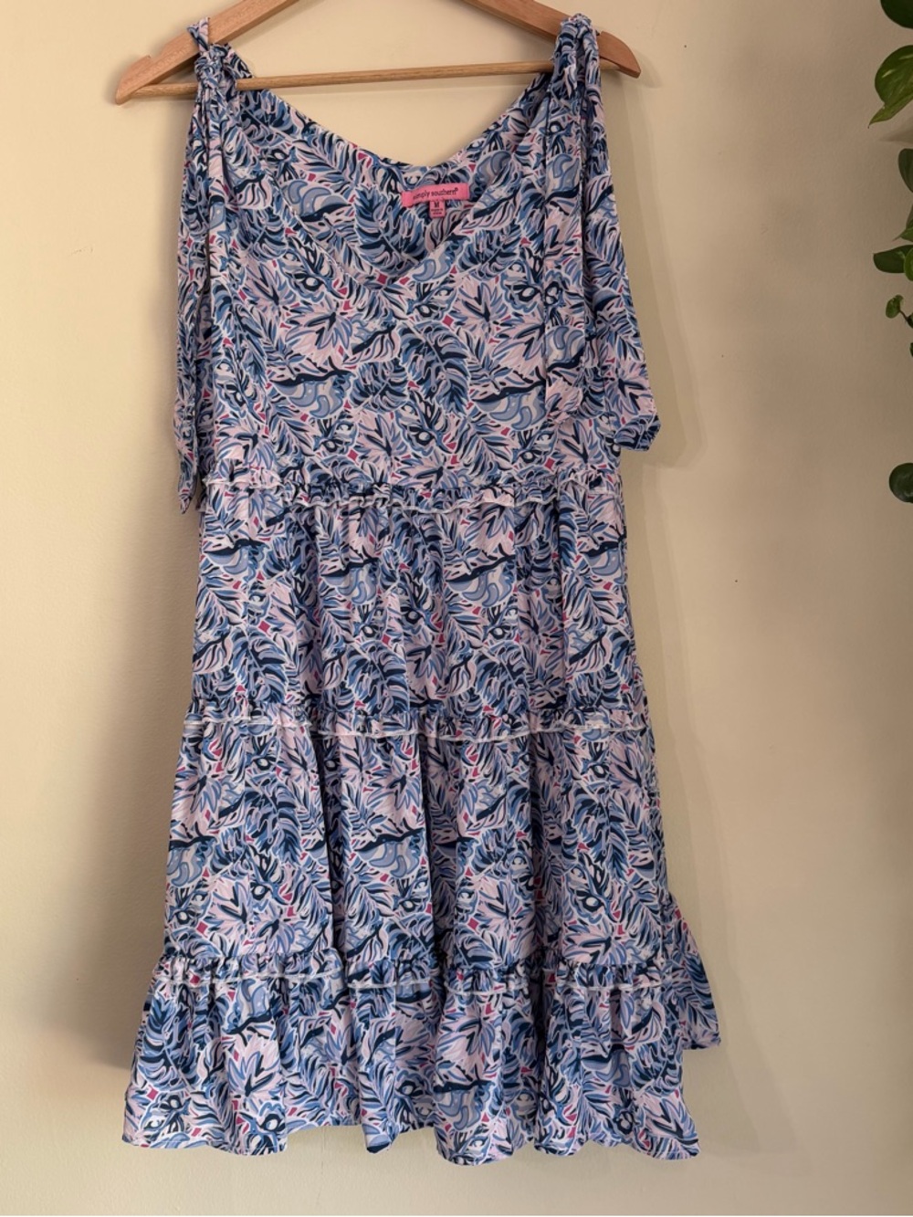 Simply Southern Blue and Pink Floral Tie-Shoulder Tiered Dress Tropical Beachy